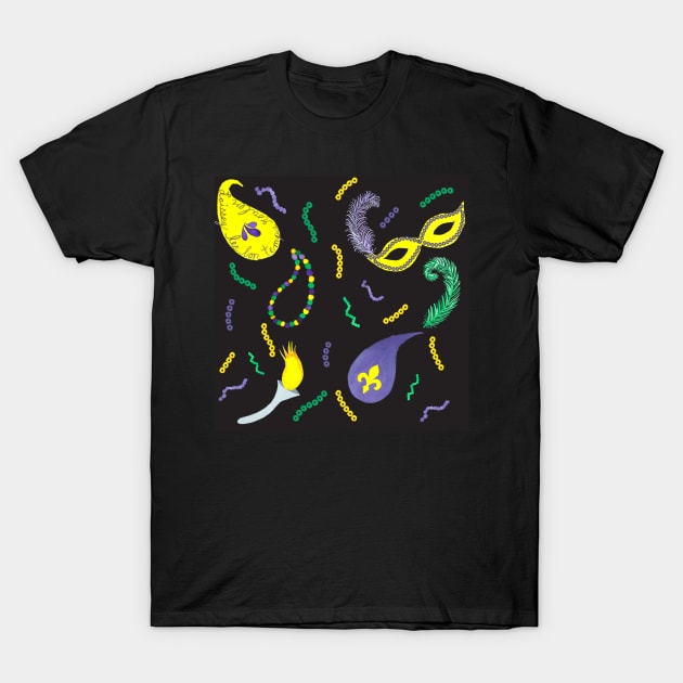 Mardi Gras Paisley Black Background T-Shirt by Stacy Sepulvado Studio